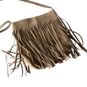 Tan Faux Suede Crossbody Bag Fringe Tassels Snap Adjustable Strap Western Boho